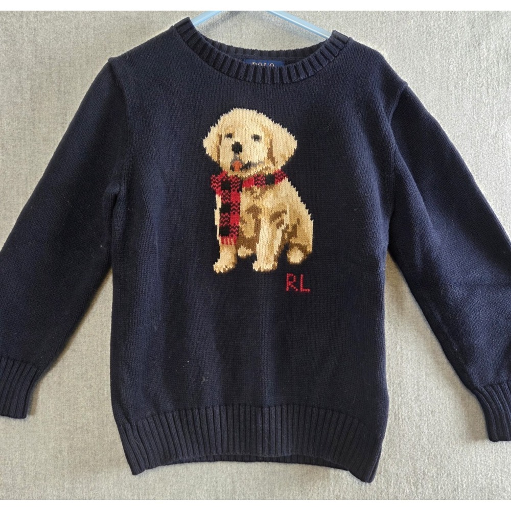 Polo Ralph Lauren RL Boys 5 Cable Knit Puppy Blue Dog Sweater Crew Neck